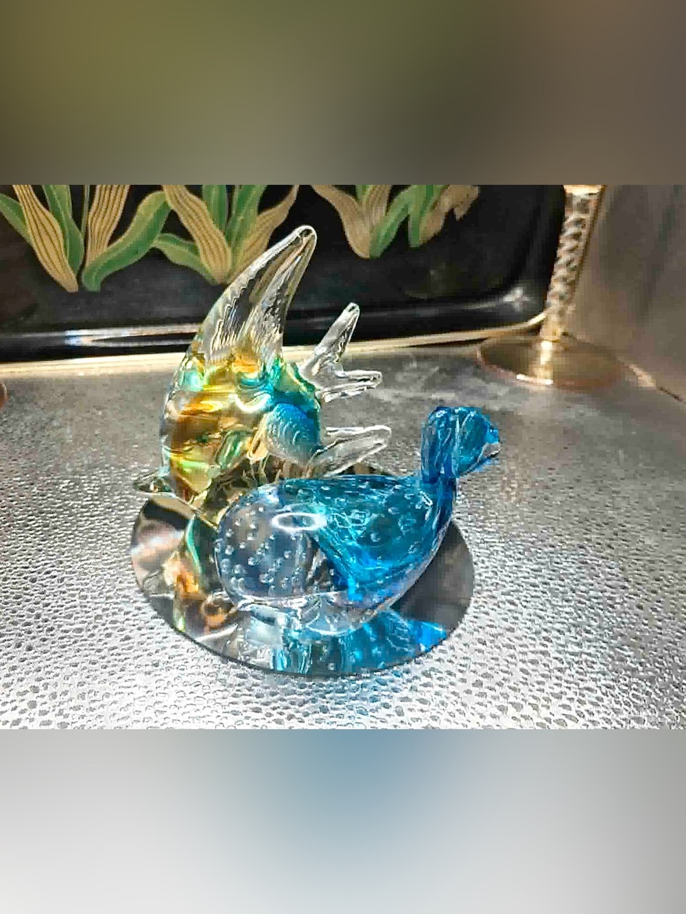 Vintage Art Glass Fish Figurine Set Blue Bullicante Whale w Bubbles & Angelfish